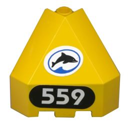 Lego Panel 3 x 3 x 3 Corner Convex with Black Dolphin in White Oval, White '559' on Black Background Pattern (Stickers)
