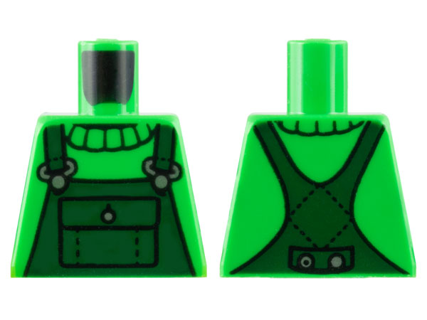 Lego Torso Sweater Collar, Dark Green Overalls, Silver Clasps and Button Pattern / Bright Green