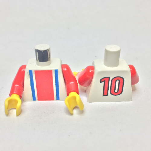 Lego Torso Soccer Shirt, Vertical Striped Red/Blue / '10' Back Print, Red Arms, Yellow Hands / White