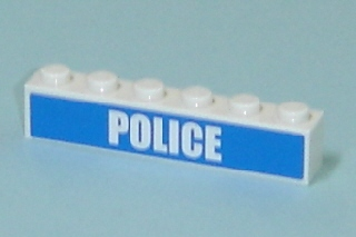 Lego Brick 1 x 6 with White 'POLICE' Bold Narrow Font on Blue Pattern (Sticker) - Set 7743