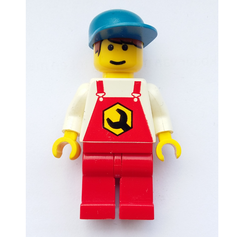 Lego Mechanic, Red Overalls, Blue Cap, Printed Hair