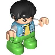 Lego Duplo Figure Child, Hair Combed Forward with Curl Black, Bright Green Legs, Bright Light Yellow Under Shirt, Jacket, Hearing Aids Print / Bright Green