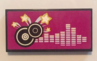 Lego Tile 2 x 4 with Black and Silver Record Disks and Silver Frequency Bars on Magenta Background Pattern (Sticker) - Set 41058