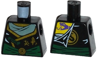 Lego Torso Ninjago Robe with Dark Green Sash, Gold Asian Characters, Torn with Purple Tattoo on Back Pattern / Black