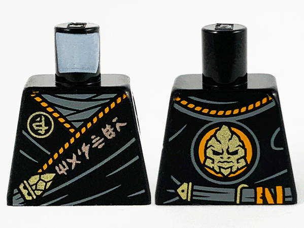 Lego Torso Tunic, Dark Bluish Gray Shirt, Orange Hem, Copper and Gold Ninjago Logogram 'MASTER' and Gorilla Pattern / Black