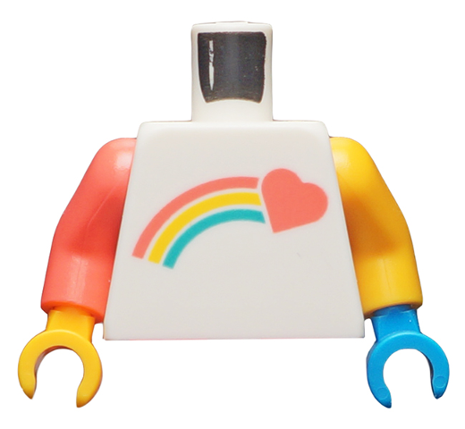 Lego Torso Coral Shooting Heart and Rainbow Pattern / Bright Light Orange Arm Left / Coral Arm Right / Dark Azure Hand Left / Bright Light Orange Hand Right
