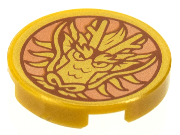 Lego Tile, Round 2 x 2 with Bottom Stud Holder with Gold Dragon Head on Copper Background Pattern
