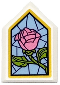 Lego Tile, Modified 2 x 3 Pentagonal with Stained Glass Window with Dark Pink and Lime Rose on Medium Blue Background with Gold Frame Pattern (Sticker) - Set 43177 / White