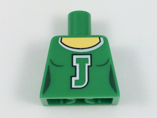Lego Torso Female Cheerleader Uniform with Capital Letter J and White Trim, Yellow Neck Pattern / Green