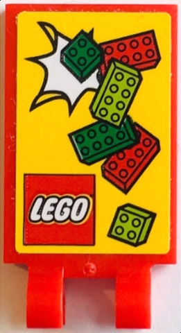 Lego Tile, Modified 2 x 3 with 2 Open O Clips with LEGO Logo and Red, Green, and Lime Bricks on Yellow Background Pattern (Sticker) - Set 60132