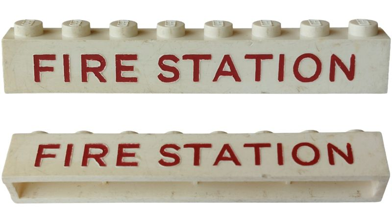 Lego Brick 1 x 8 without Bottom Tubes with Cross Side Supports with Red 'FIRE STATION' Sans-Serif Thin (Letters Wide) Pattern / White