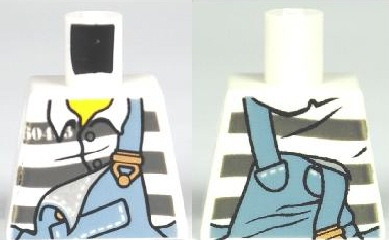 Lego Torso Sand Blue Overalls with Copper Buckles over Prison Uniform Shirt with Buttons and Dark Bluish Gray Stripes, Yellow Neck Pattern / White