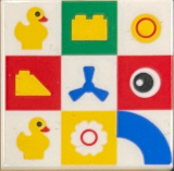 Lego Tile 2 x 2 with Ducklings, Brick, Plate 1 x 1, Slope, Propeller, Eye, Flower and Macaroni Tile Pattern