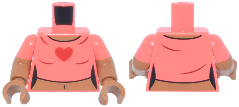 Lego Torso Female Crop Top T-Shirt with Red Heart, Medium Nougat Neck and Stomach with Navel Pattern / Medium Nougat Arms with Molded Coral Short Sleeves Pattern / Medium Nougat Hands