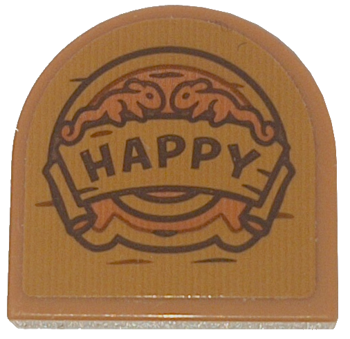 Lego Tile, Round 2 x 2 Half Circle Extended with Wood Grain and 'HAPPY' Pattern (Sticker) - Set 43242