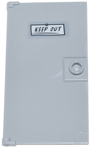 Lego Door 1 x 4 x 6 with Stud Handle with White Sign with Black 'KEEP OUT' Pattern (Sticker) - Set 76218 / Light Bluish Gray