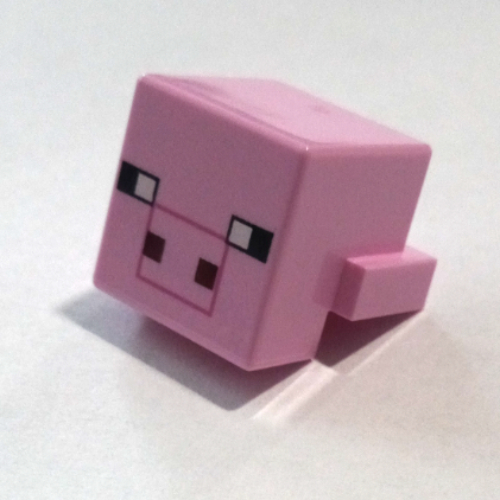 Lego Minifig Head Special, Cube with Rear Ledge, Pixelated Black, White and Dark Red Face, Dark Pink Snout Outline Print (Pig) / Bright Pink