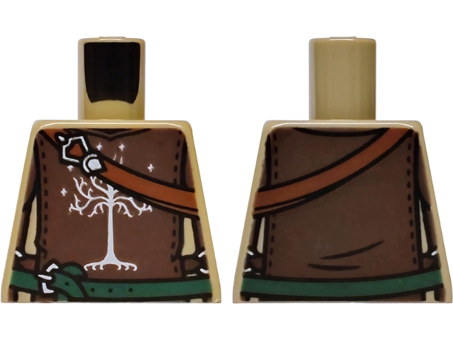 Lego Torso Leather Armor with Reddish Brown Panels, Silver Stars and Tree with Roots (White Tree of Gondor), Dark Orange Strap and Dark Green Belt with Buckles Pattern / Dark Tan