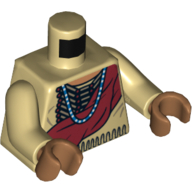 Lego Torso Buckskin Tunic with American Indian Hair Pipe Bead Chest Plate, Dark Red Wrap and Blue Necklace Print, Tan Arms, Medium Nougat Hands / Tan