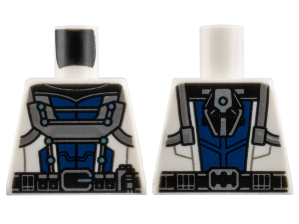 Lego Torso Armor with Dark Blue Center Panel, Silver Trim, Black Collar, and Metallic Light Blue Dots, Utility Belt Pattern / White