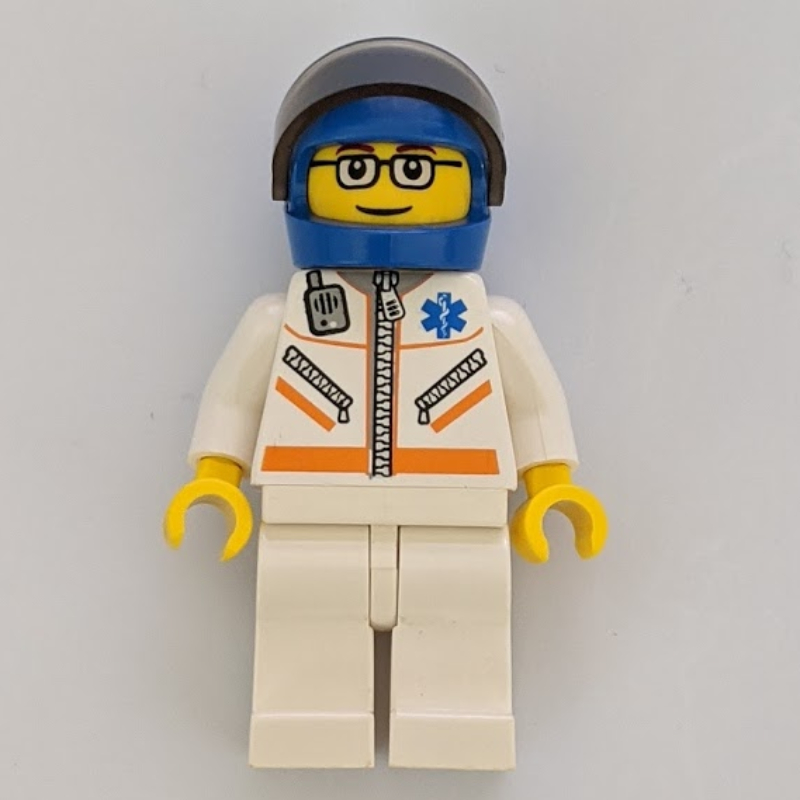 Lego Paramedic, White Jacket with Zipper, Radio and Star of Life, Blue Helmet with Visor, Glasses