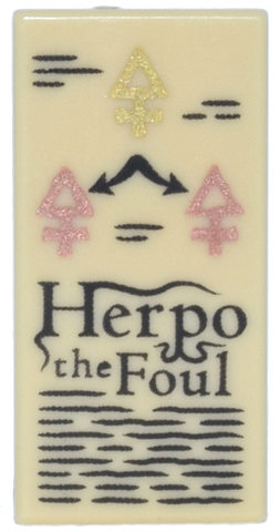 Lego Tile 1 x 2 with Book Page with Black Text and 'Herpo the Foul' and Gold and Copper Arcane Symbols Pattern / Tan