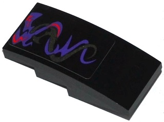 Lego Slope, Curved 4 x 2 with Dark Purple, Dark Silver, and Red Swirls Pattern (Sticker) - Set 70728 / Black