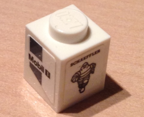 Lego Brick 1 x 1 with 'Mobil 1' and Dark Bluish Gray Markings and 'SCHAEFFLER' with Michelin Logo Pattern Model Left Side (Stickers) - Set 75876