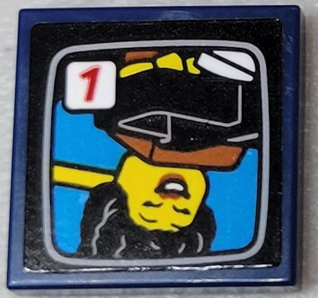Lego Tile 2 x 2 with TV Screen with Upside Down Female Minifigure and Red Number 1 Pattern (Sticker) - Set 10303 / Dark Blue