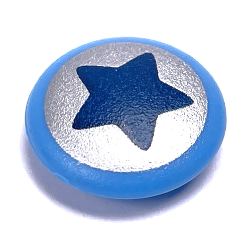 Lego Clikits Icon, Round 2 x 2 Large with Pin, Black Star on Silver Print / Medium Blue