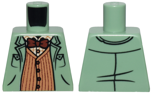 Lego Torso Overcoat over Medium Nougat Striped Sweater Vest, Tan Plaid Shirt, and Reddish Brown Bow Tie Pattern / Sand Green
