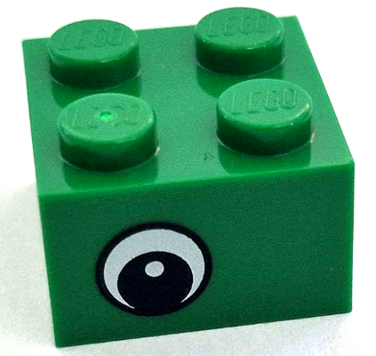 Lego Brick 2 x 2 with Black and White Eye Offset with Dot in Pupil Pattern on Opposite Sides / Green