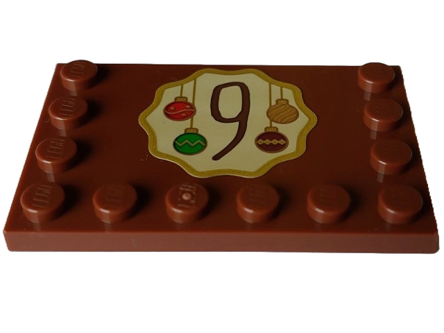 Lego Tile, Modified 4 x 6 with Studs on Edges with Reddish Brown Number 9 and Red, Green and Gold Christmas Baubles on Tan Background Pattern (Sticker) - Set 4002023 / Reddish Brown