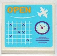 Lego Tile 2 x 2 with 'OPEN', White Seaplane, Schedule Grid and Clock Pattern (Sticker) - Set 3063