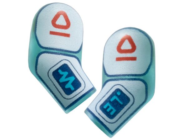 Lego Arm, (Matching Left and Right) Pair with White Panels with Red Symbols and Medium Azure Medical Chart and '37°' on Dark Blue Screens Pattern / Trans-Light Blue