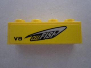 Lego Brick 1 x 4 with 'CELLFISH' and 'V8' on Yellow Background Pattern Model Right Side (Sticker) - Set 8495