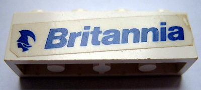 Lego Brick 1 x 4 with Blue 'Britannia' and Logo Pattern Model Left Side (Sticker) - Set 1599