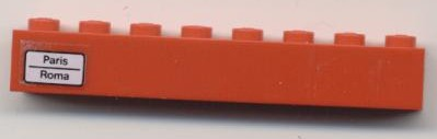 Lego Brick 1 x 8 with 'Paris - Roma' Pattern on Left Side (Sticker) - Set 7745 / Red