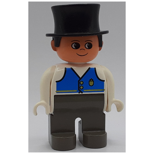 Lego Duplo Figure, Early, Top Hat Black, Dark Gray Legs, Blue Vest Print / White