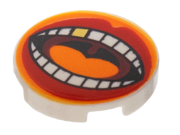 Lego Tile, Round 2 x 2 with Bottom Stud Holder with Large Mouth, Red Lips, Orange Tongue, White Teeth with Gold Tooth Pattern / White