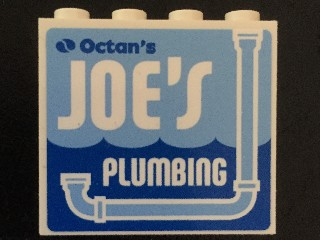 Lego Panel 1 x 4 x 3 with Side Supports - Hollow Studs with 'Octan's JOE'S PLUMBING' and Light Blue Drainpipe Pattern (Sticker) - Set 70811