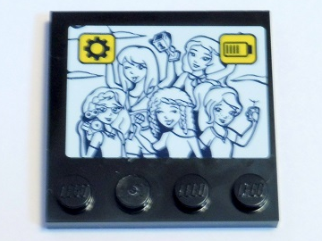 Lego Tile, Modified 4 x 4 with Studs on Edge with Black and White Friends Girls and Yellow and Black Gear and Battery Level Pattern (Sticker) - Set 41346 / Black