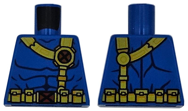 Lego Torso Super Hero Costume with Dark Blue Muscles Outline, Yellow Belts with Pouches and Red X-Men Logo Buckles Pattern / Blue