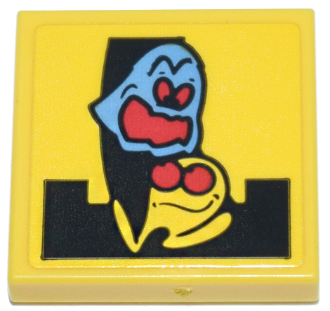 Lego Tile 2 x 2 with Yellow PAC-MAN and Medium Blue Ghost (Inky) Characters with Red Eyes and Open Mouth on Black Maze Pattern (Sticker) - Set 10323 / Yellow
