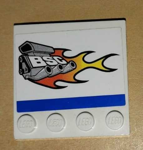 Lego Tile, Modified 4 x 4 with Studs on Edge with Engine, Flames, 'BSC', and Blue Stripe Pattern Model Left Side (Sticker) - Set 8154 / White