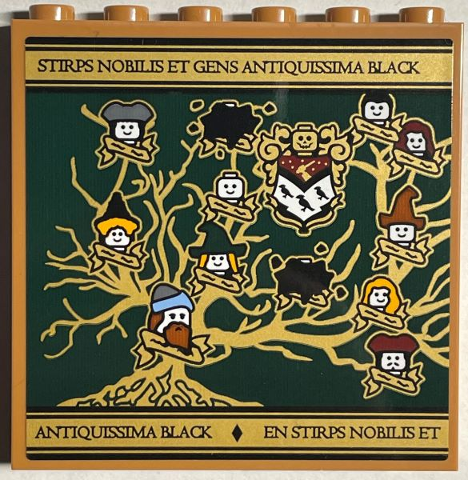 Lego Panel 1 x 6 x 5 with Gold Sirius Black Family Tree with 11 Minifigure Heads Left Half Pattern (Sticker) - Set 76408 / Medium Nougat