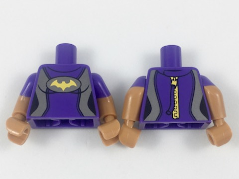 Lego Torso Female Wetsuit, Flat Silver Sides, Yellow Bat Pattern / Medium Nougat Arms with Molded Dark Purple Short Sleeves Pattern / Medium Nougat Hands
