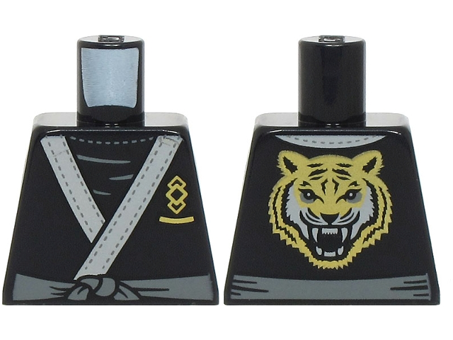 Lego Torso Tunic with Light Bluish Gray Trim and Symbol with Gold Squares, Dark Bluish Gray Sash, Tiger Head on Back Pattern (BAM) / Black