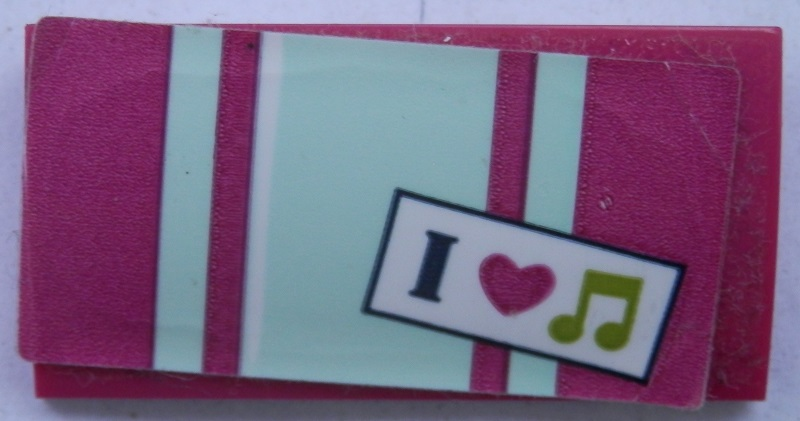 Lego Slope, Curved 2 x 4 x 2/3 with Bottom Tubes with Light Aqua Stripes, 'I', Magenta Heart and Musical Note Pattern (Sticker) - Set 41316 / Magenta