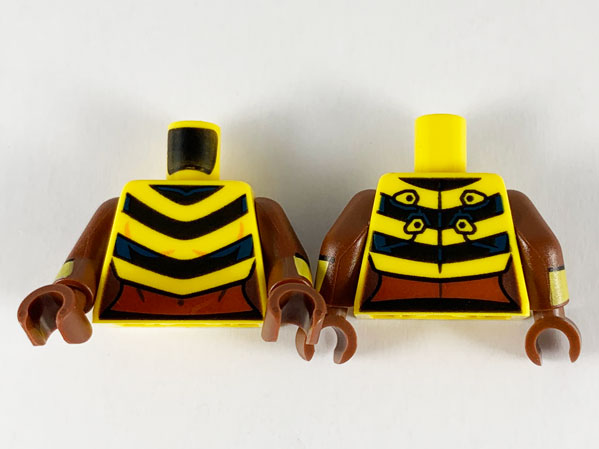 Lego Torso Female, 3 Black Chevron Stripes, Reddish Brown Midriff Pattern / Reddish Brown Arms with Yellow and Bright Light Orange Cuffs Pattern / Reddish Brown Hands